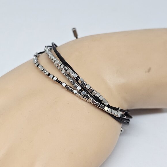 Fossil Brown Leather Multi Cord Silver Tone Beads Bracelet Boho - Picture 8 of 12